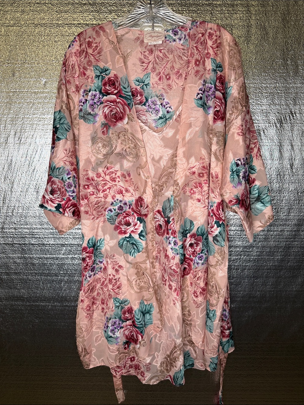 Angelique Pink Floral Slip Dress Gown Matching Robe 90s